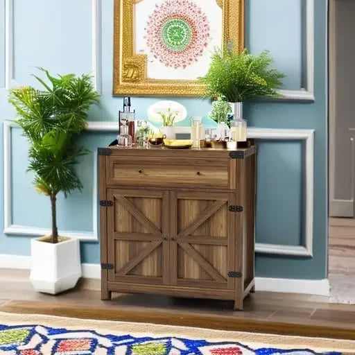 Kitchen Sideboard Buffet with 2 Barn Door Storage Cabinet, Adjustable Shelf & 1 Large Drawer