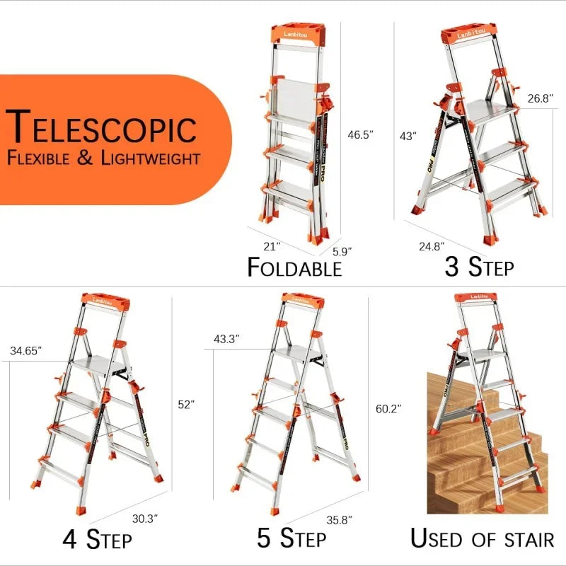 Aluminum 5 Step Ladder with Handrails, Anti-Slip Wide Pedal, Tool Platform, Telescoping, Foldable