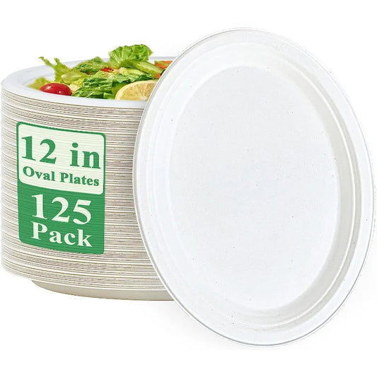 Eco-Friendly, Compostable 12.6"x10" Oval Plates, 125pcs