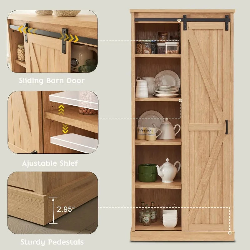 Kitchen Pantry Storage Cabinet 72", with Barn Style Sliding Doors, 4 Adjustable Shelves, Freestanding Cupboard, Tan