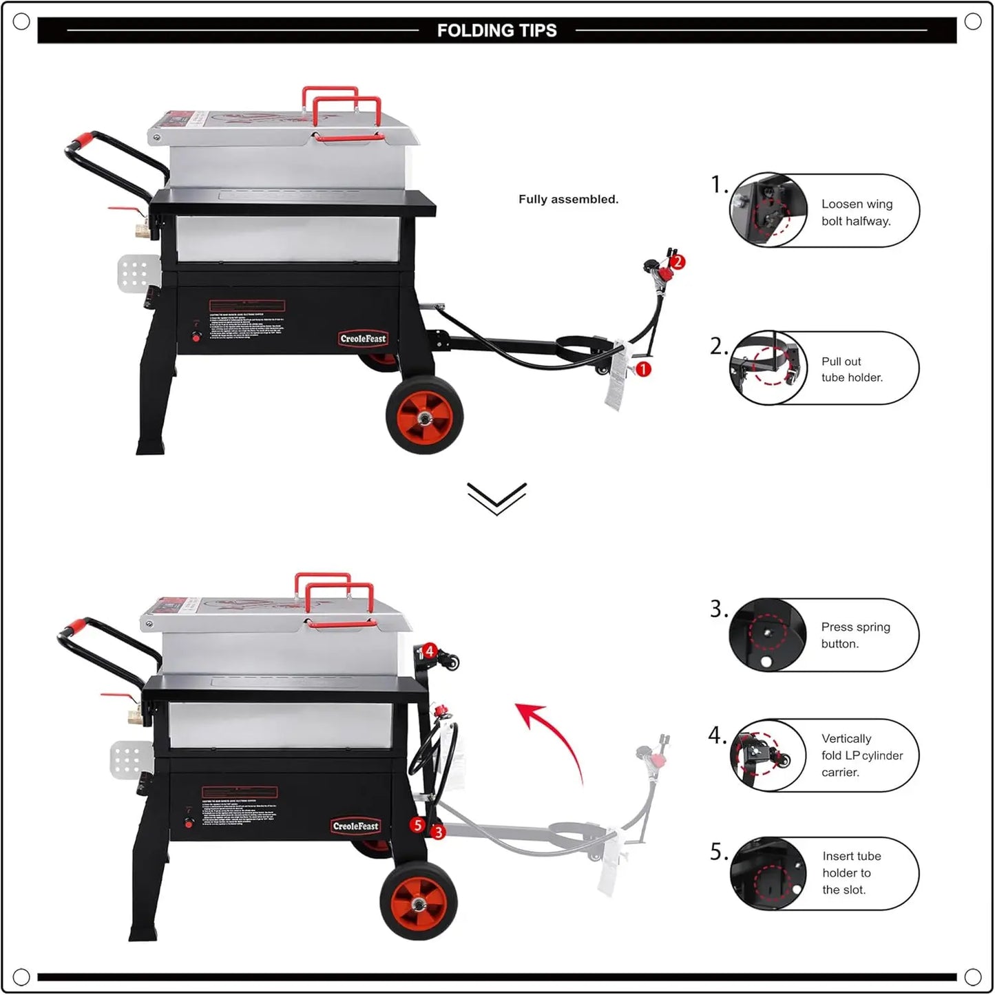 Crawfish Seafood Boiler 90 qt. with 10-psi Regulator & Tank Mounting Bracket, Easy-for-Dumping Design, Folding Front Table