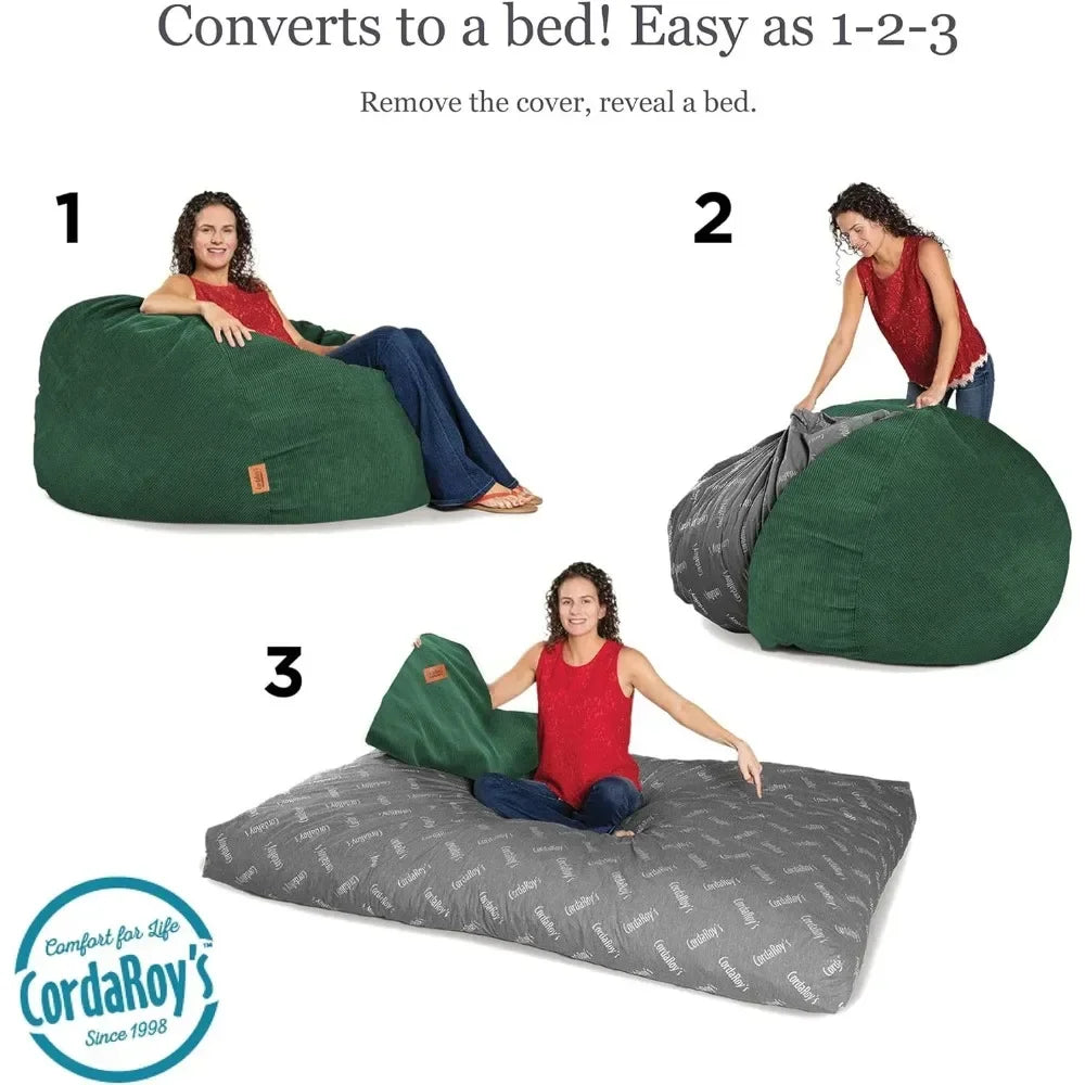 Puff Bean Bag Chair with Machine-Washable Corduroy Fabric Cover; Remove the Cover & Reveal a Queen Size Lounger Bed