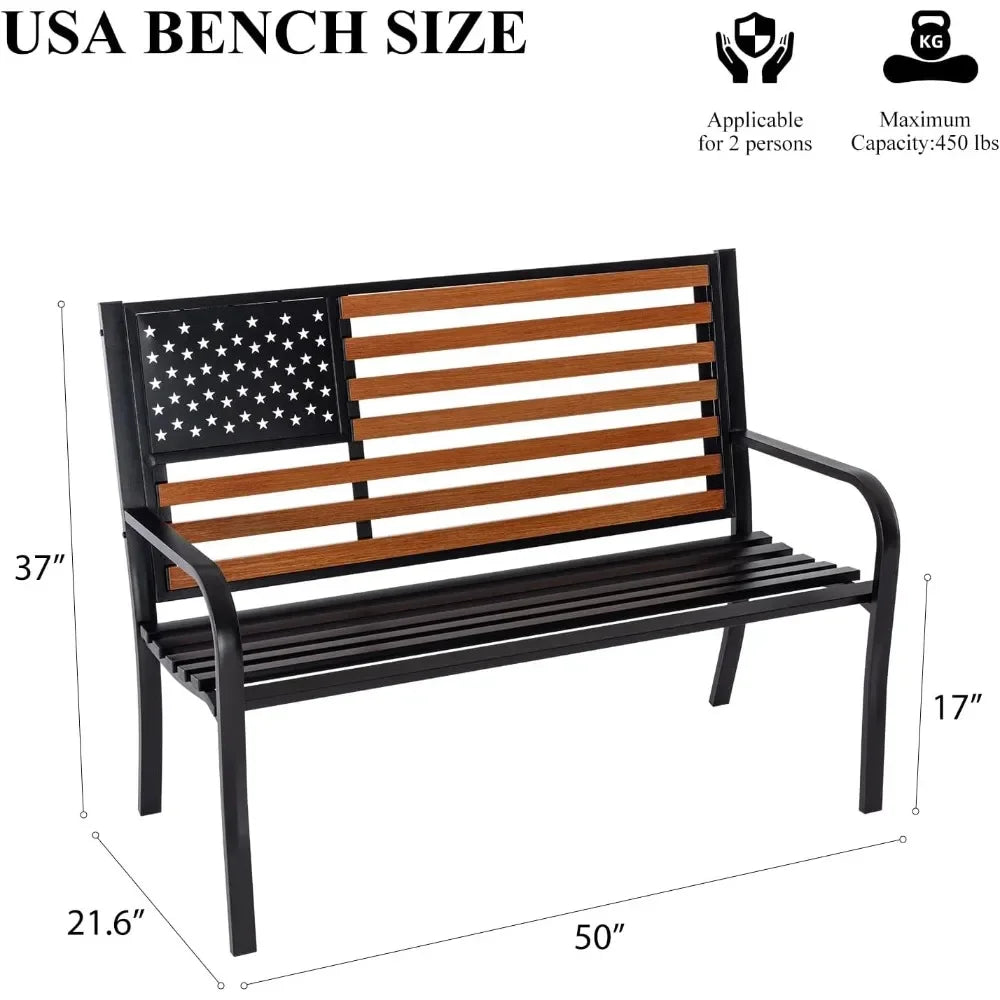 Cast Iron Frame 3 Seat Patio Bench with Stars-and-Stripes Pattern Backrest & Weatherproof Seat