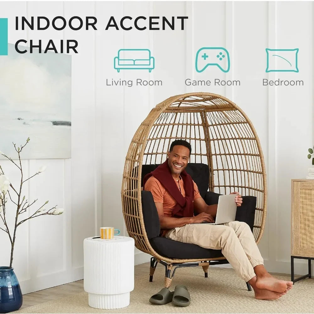 Indoor/Outdoor Egg Chair with Surround Support Cushions & Steel Wicker Wrapped Frame, Oversized Lounger