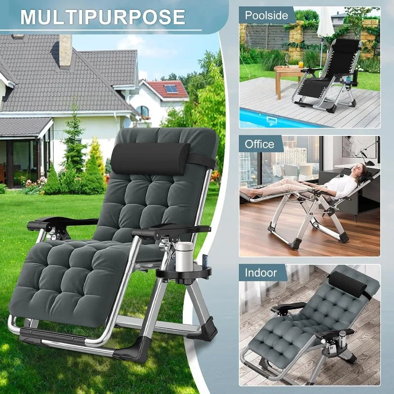 Zero Gravity Lounger Chair 2-Pack with Removable Cushion, Headrest & Cup Holder, Reclining / Foldable Chair for Indoors or Outdoors