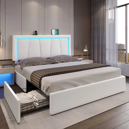 Queen Platform Bed with 4 Storage Drawers with Wheels, RGB LED Lights, Faux Leather Upholstered Headboard, Type-C & USB Charging Ports