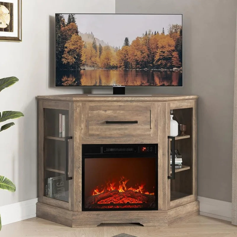 Corner Wood Entertainment Center with 18" LED Display Electric Fireplace Heater, 2 Glass Door Cabinets & 1 Pull-Out Drawer, For TVs up to 43"