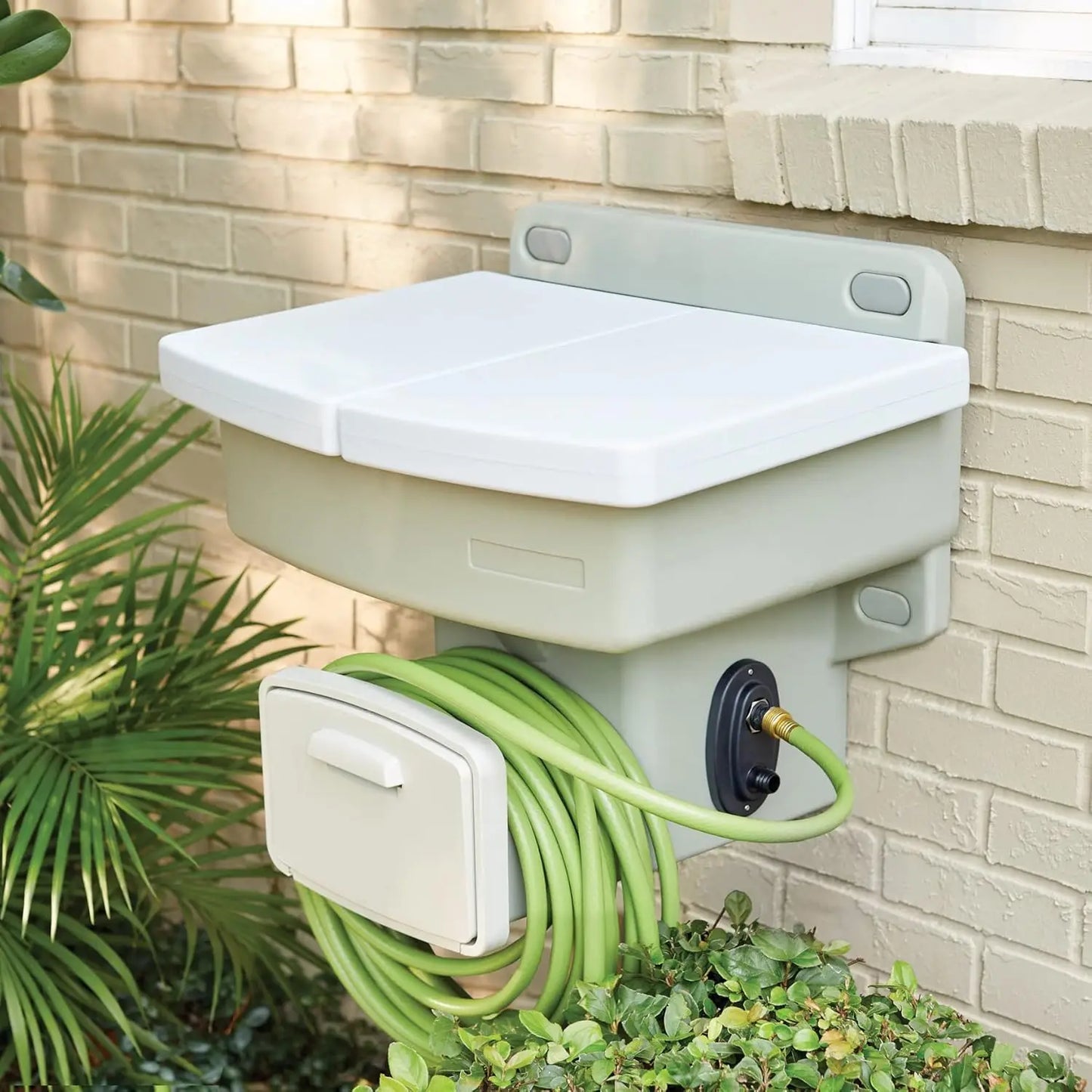 Wall Mounted Outdoor Garden Sink with Hose Holder, Sliding Sink Cover & Utility Storage; - No Plumbing Required, Mount to a Outdoor Faucet