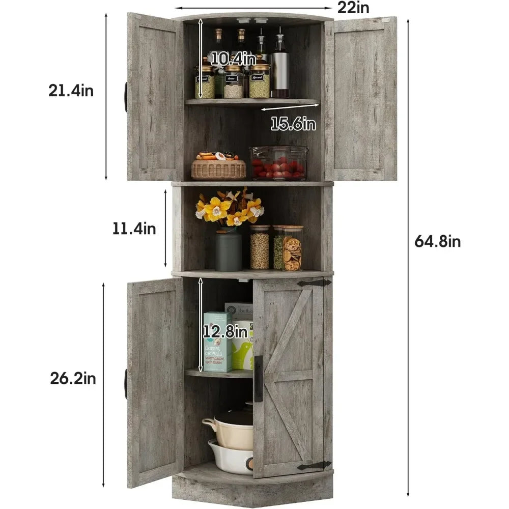 Space Saver Corner Cabinet with Right-Angle Design, 2 Enclosed Cupboards with 4 Barn Style Doors & Open Storage Shelf, Weathered Finish