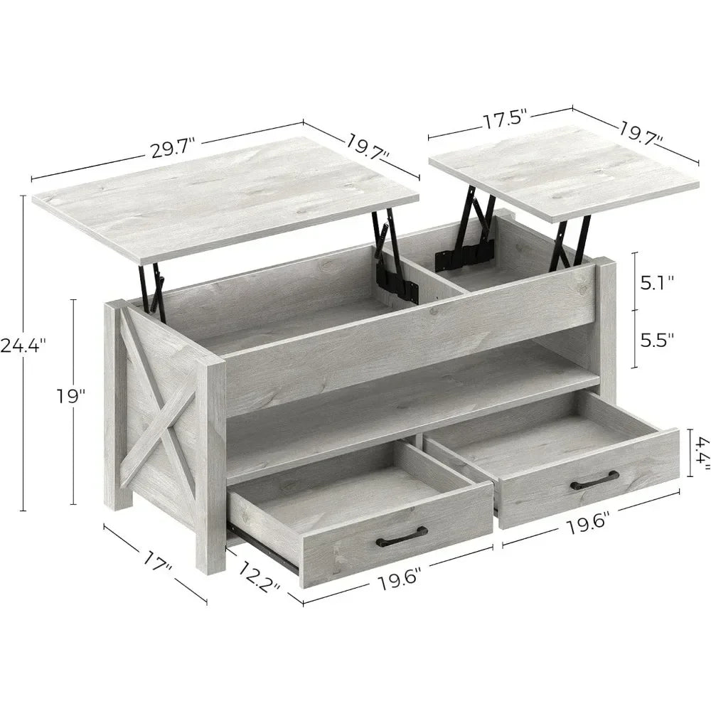 Two-Way Split Lift Top Coffee Table with 2 Storage Drawers & Hidden Storage Compartment