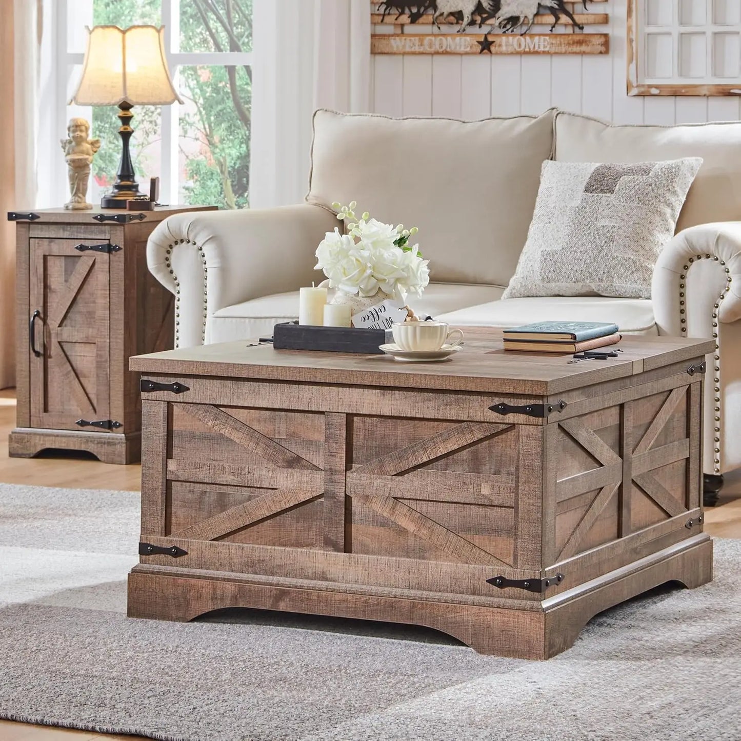 Square Wooden Table with Hidden Storage Compartment Under the Dual Liftable Tabletop Sections, Classic Barn Door Pattern Design