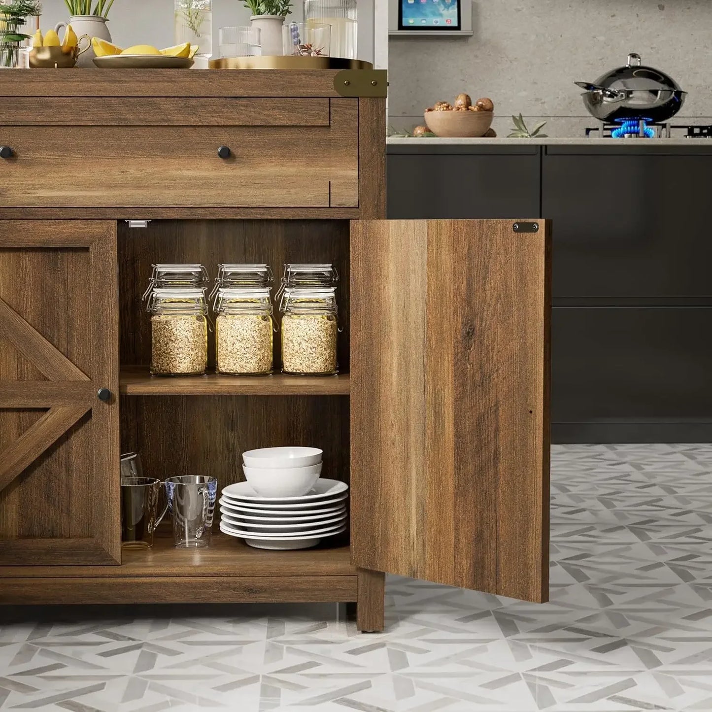 Kitchen Sideboard Buffet with 2 Barn Door Storage Cabinet, Adjustable Shelf & 1 Large Drawer