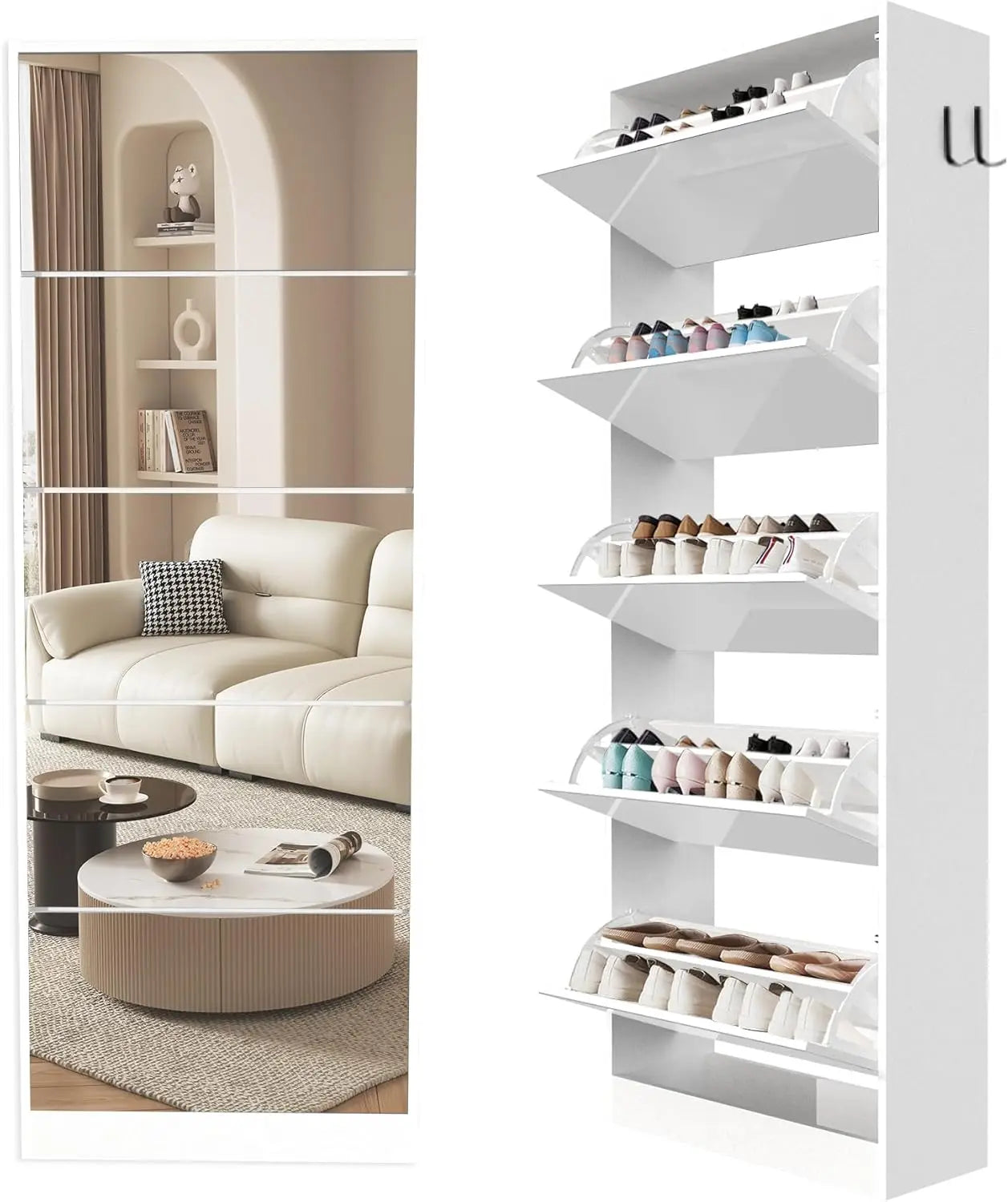 Slim Free Standing Tall Hidden Shoe Cabinet with 5 Flip Drawers & 5 Mirrors, Holds 30-40 Pairs of Shoes