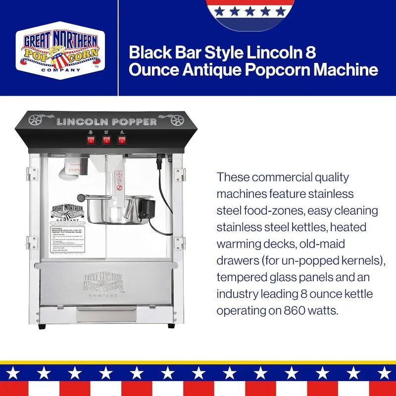 Countertop Bar-Style Popcorn Machine; 8oz Popper with Stainless-Steel Kettle, Reject Kernel Tray, Warming Light & Simple 3 Switch Design