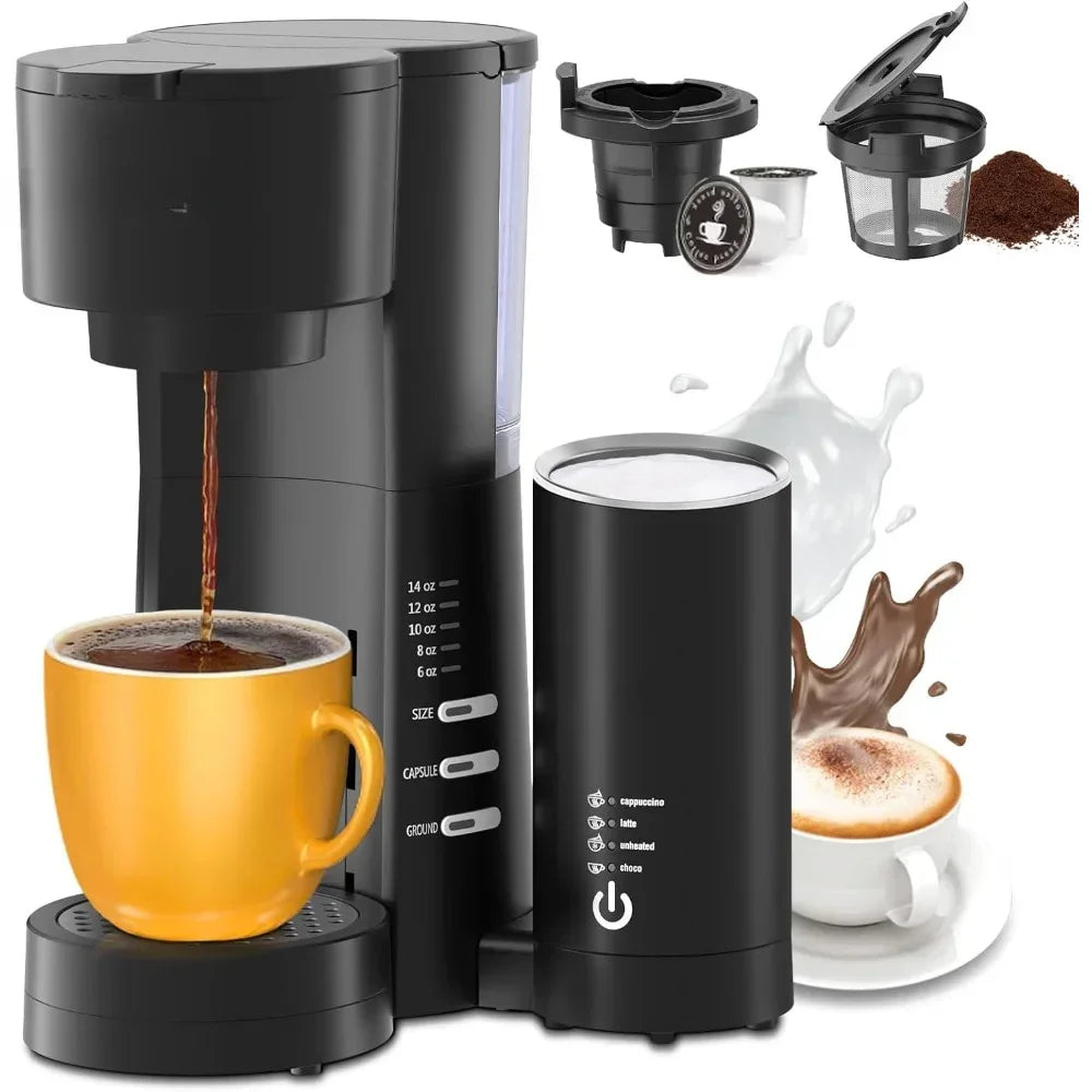 Coffee Maker Single Serve for K Cup & Ground Coffees with Milk Frother, 6 to 14 oz. Brew Sizes, Removable Water Reservoir & Removable Drip Tray