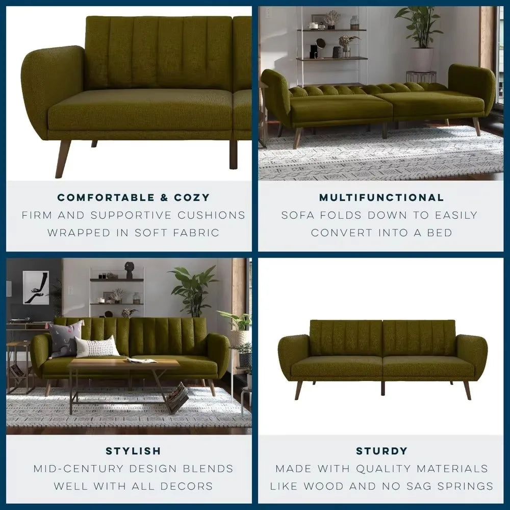 Multi-Functional 3-in-1 Split Back Design Sofa for Sitting, Lounging or Sleeping with Concealed Folding Legs, Channel Tufted Back & Curved Arms