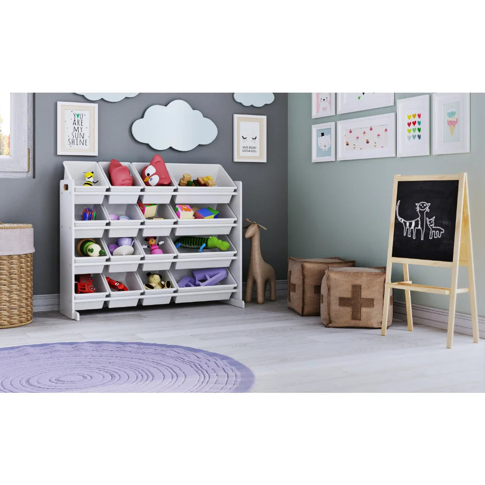 Kids Natural Wood Toy Storage Organizer with 4 Tiered Shelves & 16 White Plastic Storage Bins