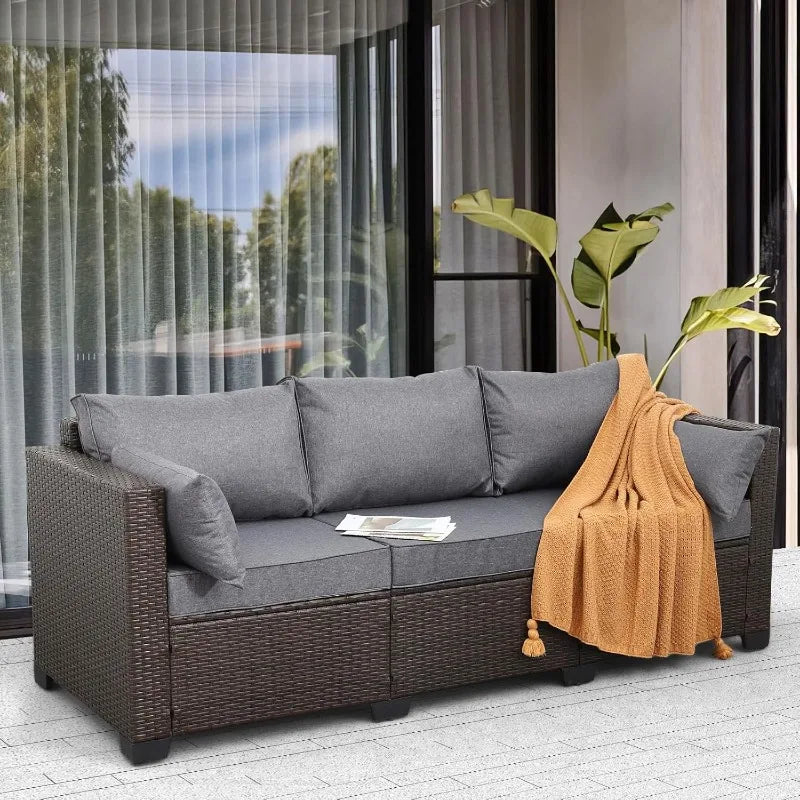 Patio PE Wicker 3-Seat Outdoor Rattan Couch, Deep Seating Sofa with Steel Frame, Non-Slip 4" Thick Cushions & Adjustable Leg Feet