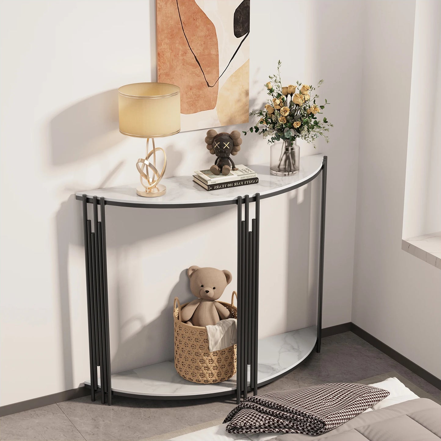 Half Moon 2-Tiered Entryway Table with Glossy White Sintered Stone Top & Black Metal Base, Place Against a Wall or The Back of Sofa