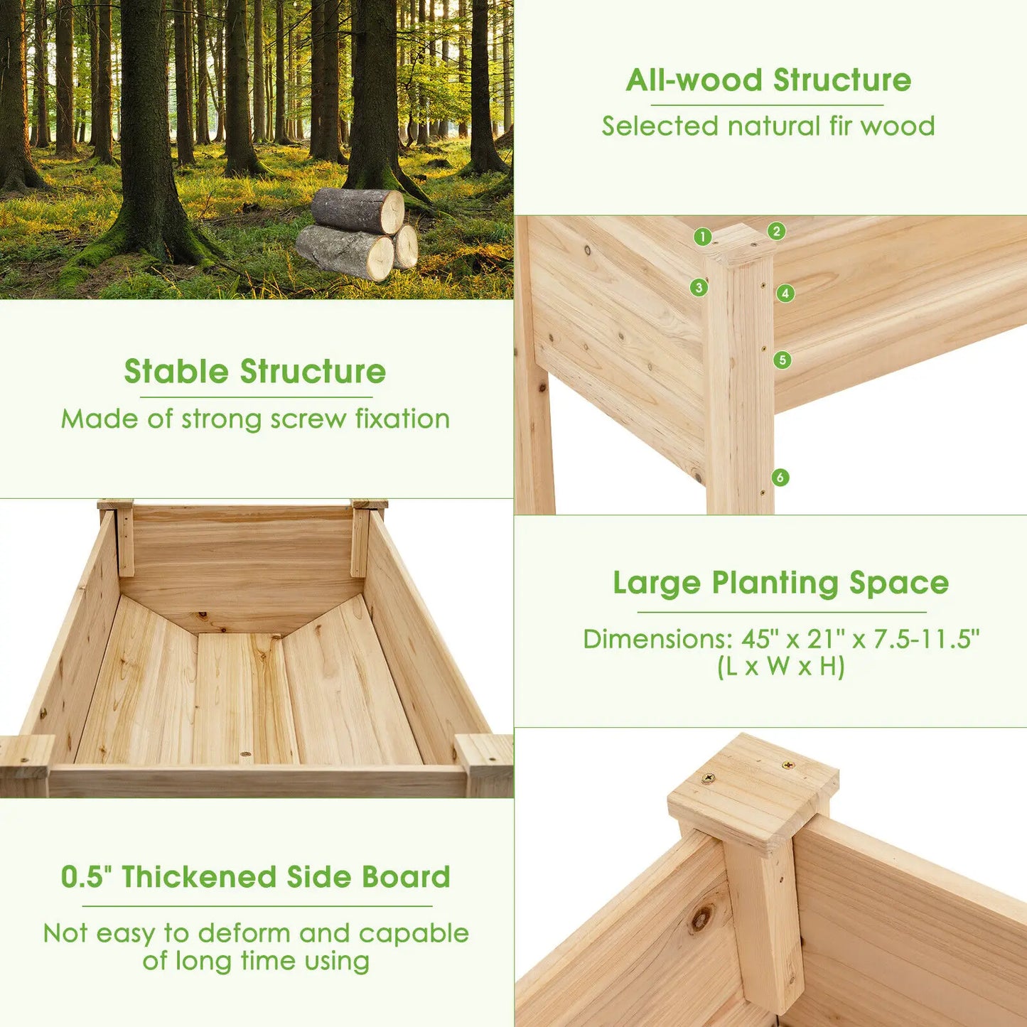 Elevated Garden Bed Wood Stand with Sloped Bottom Design, 4 Tool Hooks