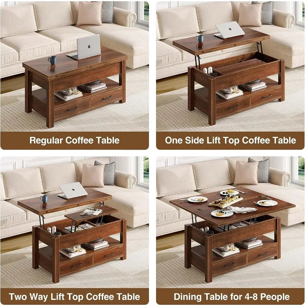 Split Lift Top Coffee Table with 3 Hidden Storage Areas & 2 Sliding Drawers, Multi-Functional Table for Small Rooms