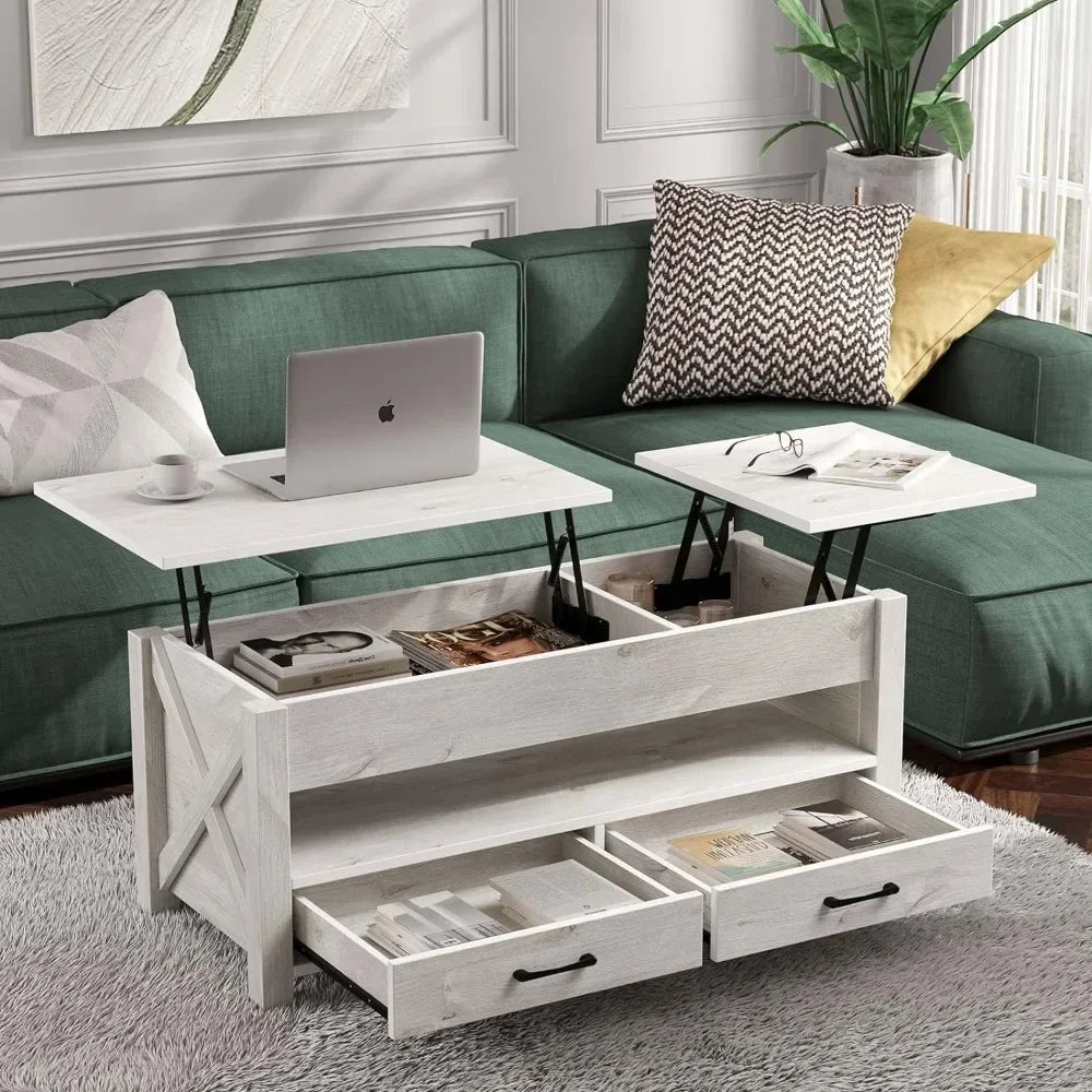 Two-Way Split Lift Top Coffee Table with 2 Storage Drawers & Hidden Storage Compartment