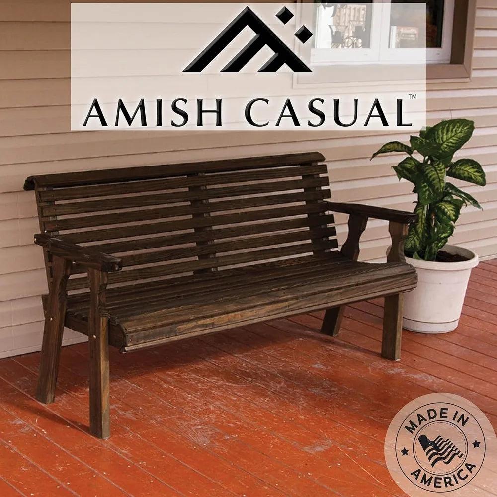 Heavy Duty 4'  Roll Back Outdoor Bench in Dark Walnut Stain, Kiln-Dried Pressure Treated Pine for Outdoor Durability