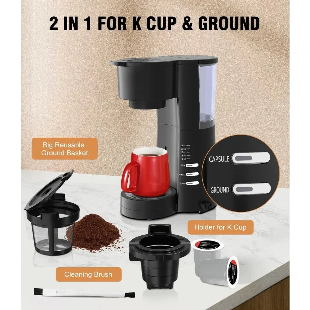 Coffee Maker Single Serve for K Cup & Ground Coffees with Milk Frother, 6 to 14 oz. Brew Sizes, Removable Water Reservoir & Removable Drip Tray