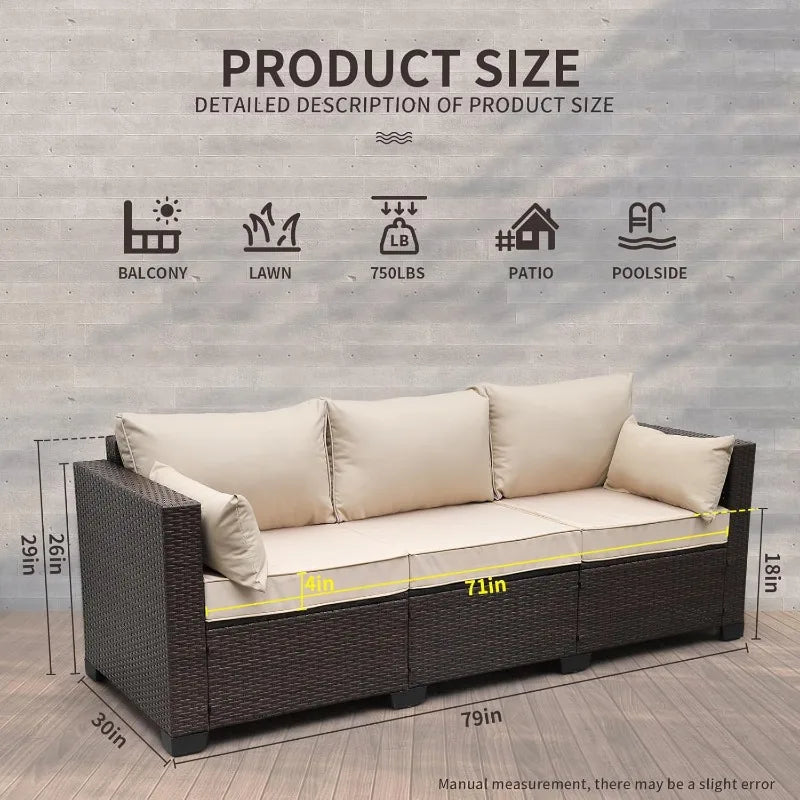 Patio PE Wicker 3-Seat Outdoor Rattan Couch, Deep Seating Sofa with Steel Frame, Non-Slip 4" Thick Cushions & Adjustable Leg Feet