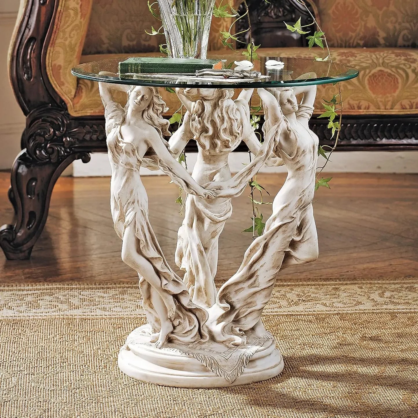 The Greek Muses Classic Bevel Edge Glass-Topped Side Table, Hand Cast Polyresin with Real Crushed Stone