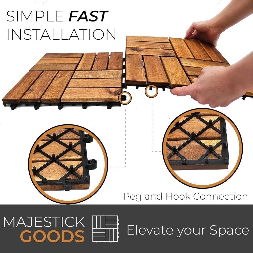 Interlocking Acacia Hardwood Style Floor Tiles with Raised Open Grid Underside, 12”x12”, 24pcs