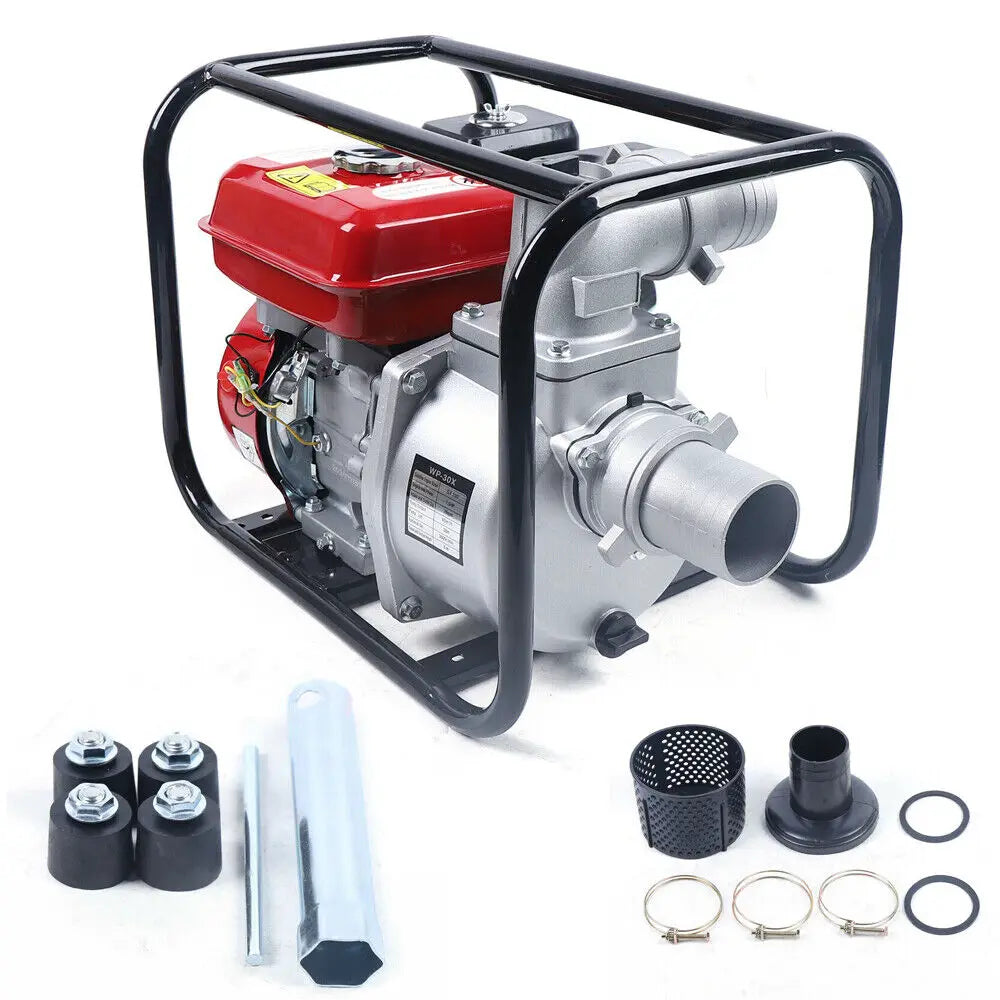 Portable Water Transfer Pump, 7.5HP Gas 4-Stroke Engine, 3" Diameter Intake & Outlet, Black Frame for Easy Carry, Pump Filter