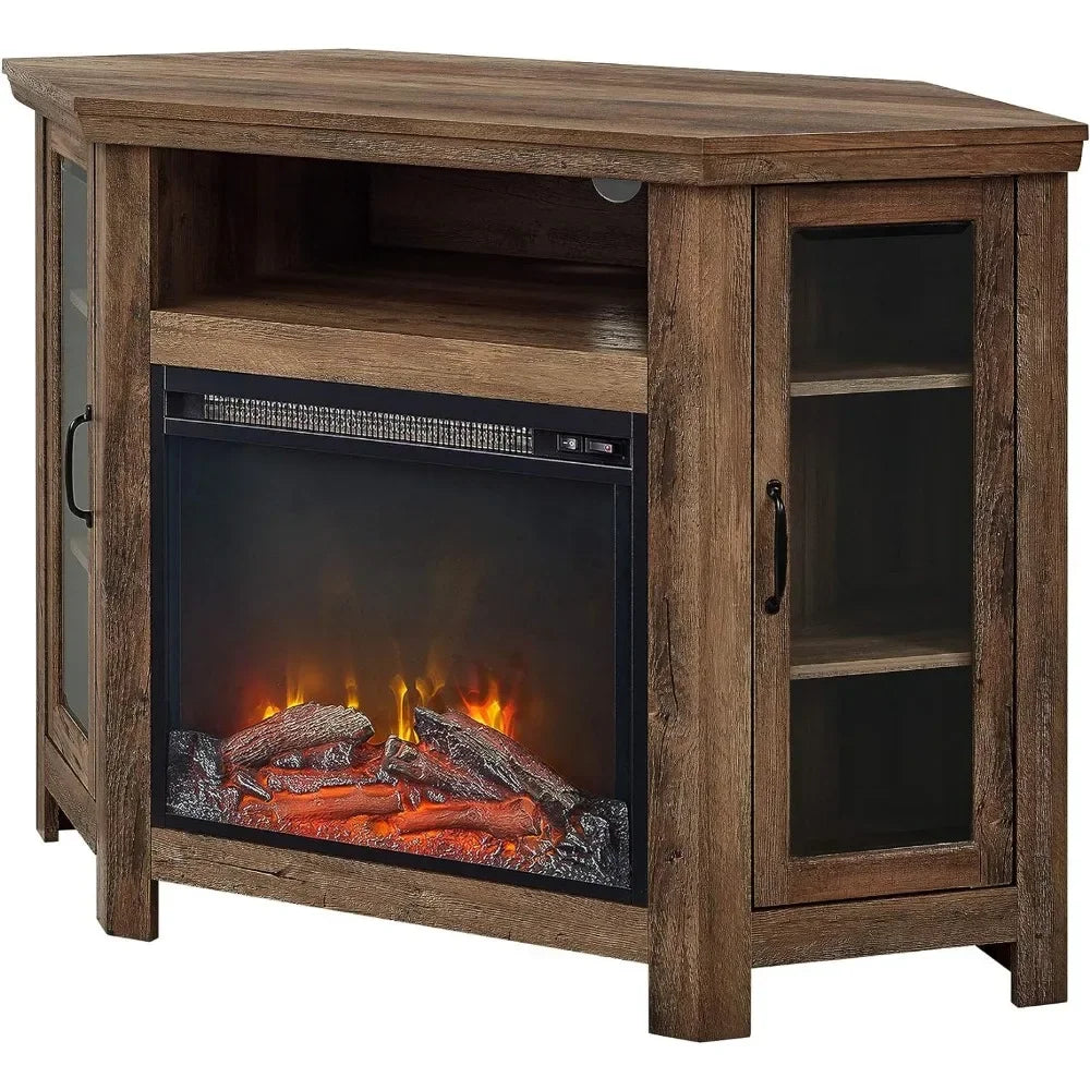 Corner TV Stand with Electric Fireplace & Glassdoor