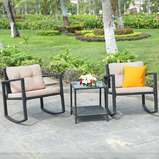 Patio Rattan Rocking Chairs & Table, Sturdy Framed Chairs with Cushions, Glass Top Table with Lower Storage Shelf