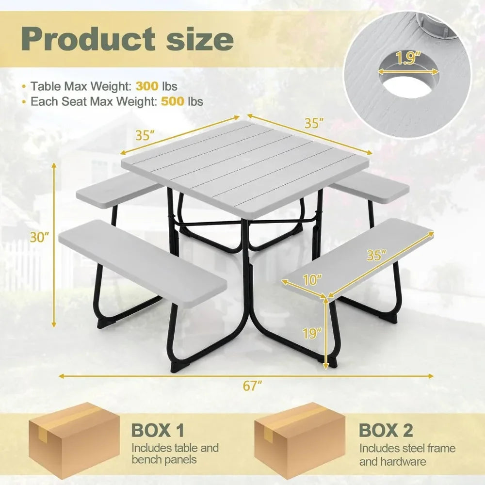 Outdoor Square Picnic Table with 4 Built-in Benches, Umbrella Hole, Metal Frame & HDPE Tabletop & Bench Seats