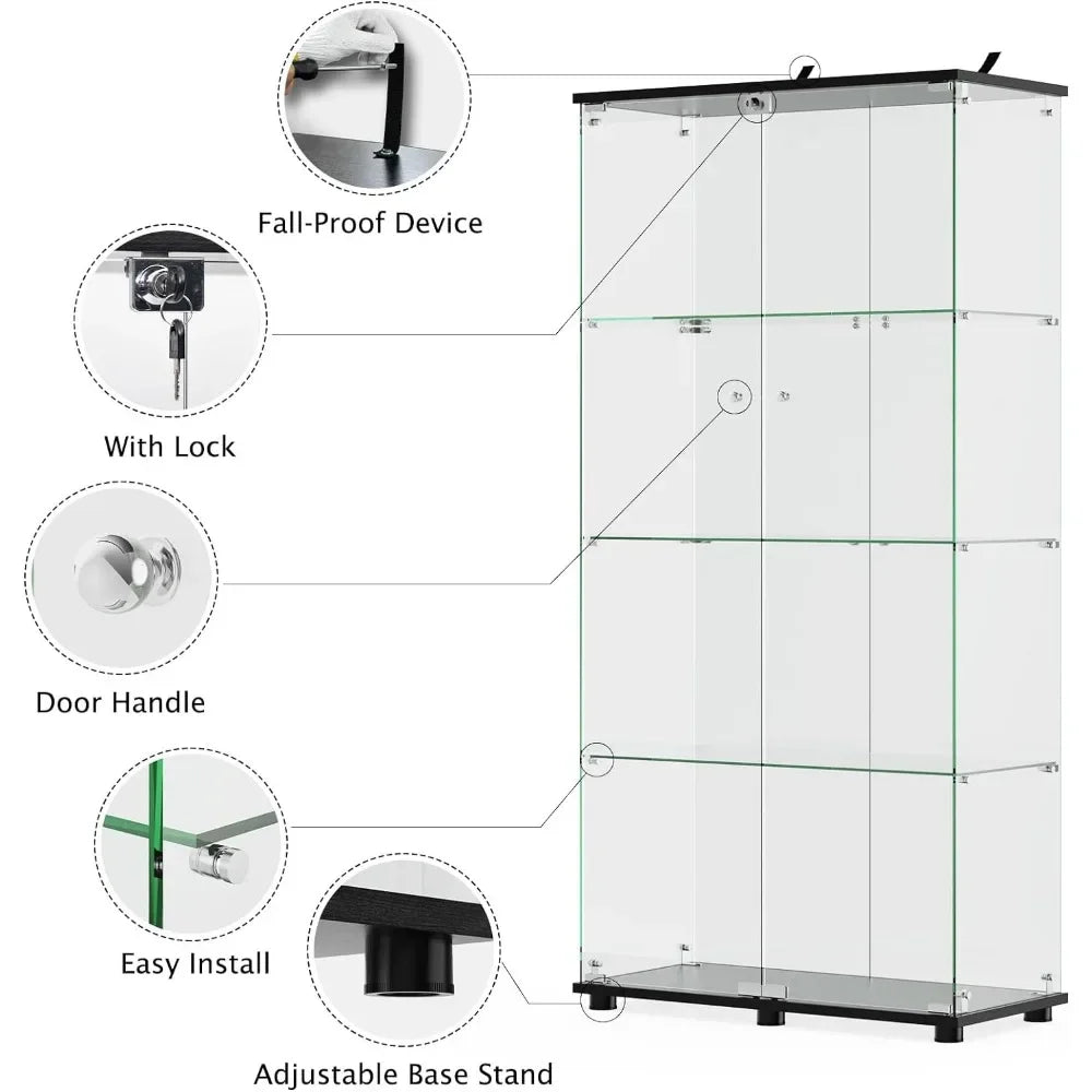 Floor Standing Glass Display Cabinet with 4 Tempered Glass Shelves, Double Lockable Doors & Adjustable Base Stand