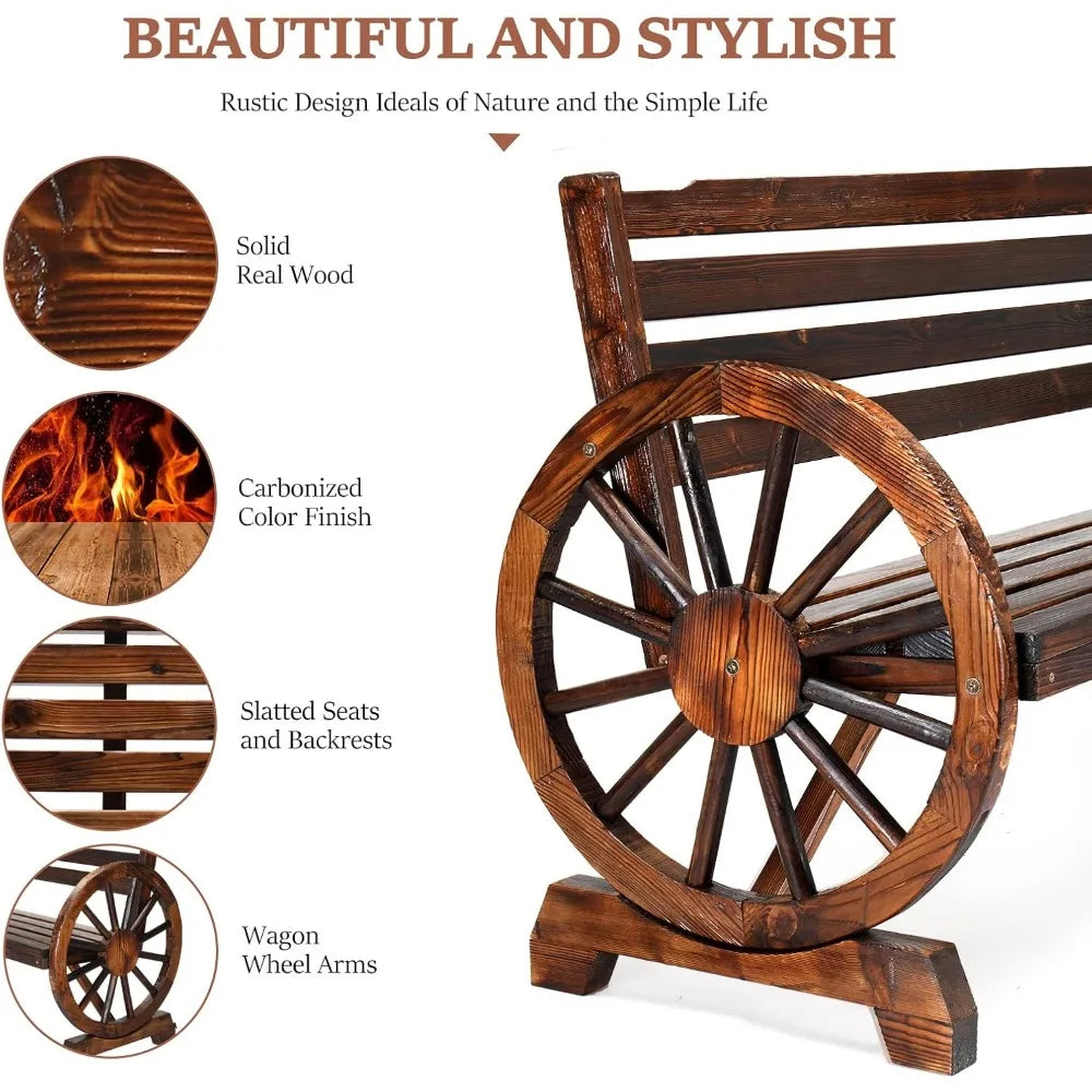 Outdoor Rustic Wood Bench with Wagon Wheel Arms, Carbonized Color Finish, Slatted Bench & Backrest, 3-Person Patio Bench