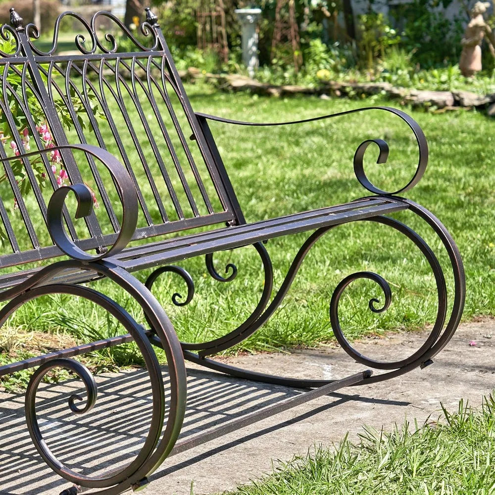 Indoor or Outdoor Metal Rocking Bench with Arm Rests & Curved Seat, 7 Coats of Paint to Create a Multi-Tone Distressed Bronze Finish