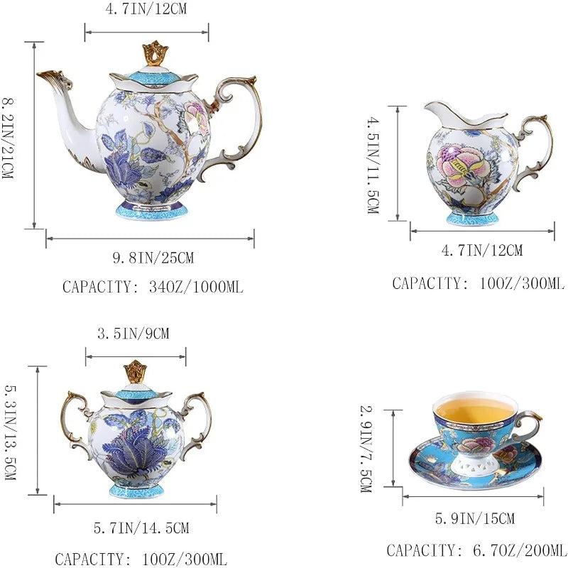 Vintage Style Blue & White Floral Bone China Tea Set, 21 Piece Set with Golden Gilding for 6 Adults