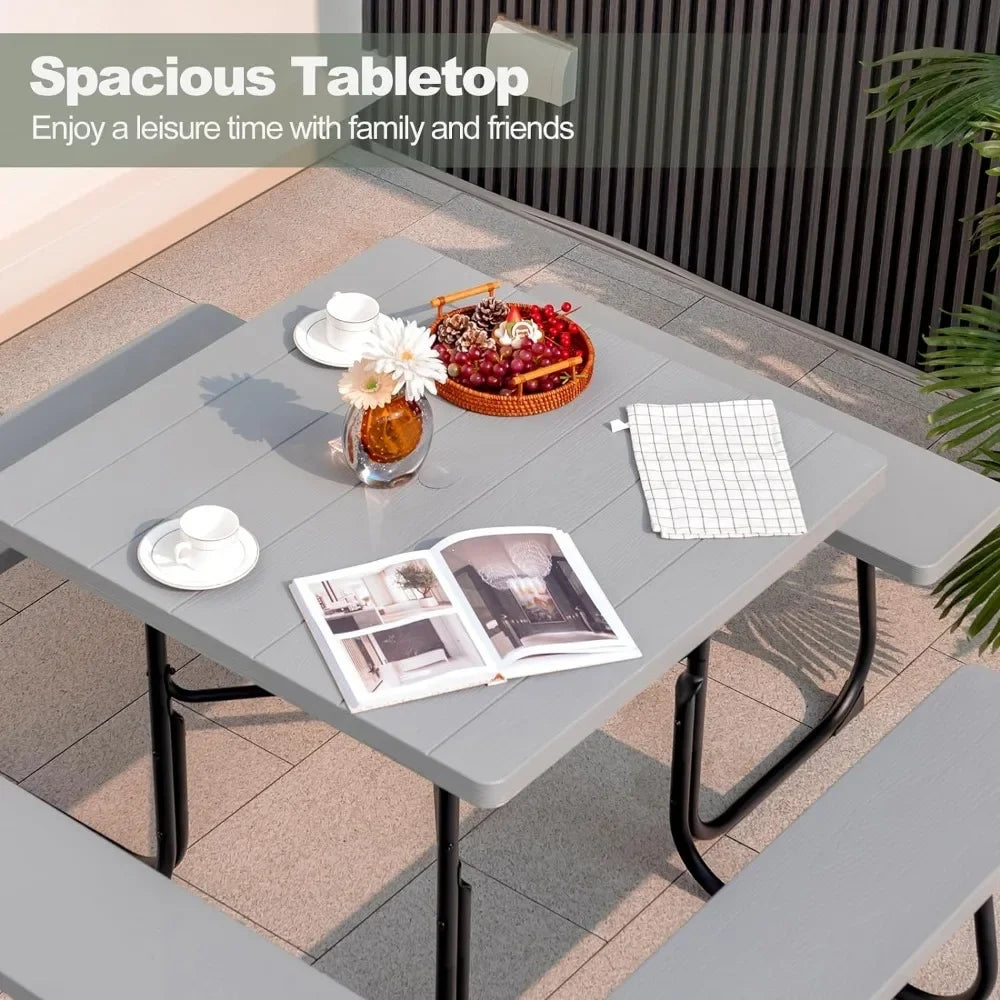 Outdoor Square Picnic Table with 4 Built-in Benches, Umbrella Hole, Metal Frame & HDPE Tabletop & Bench Seats