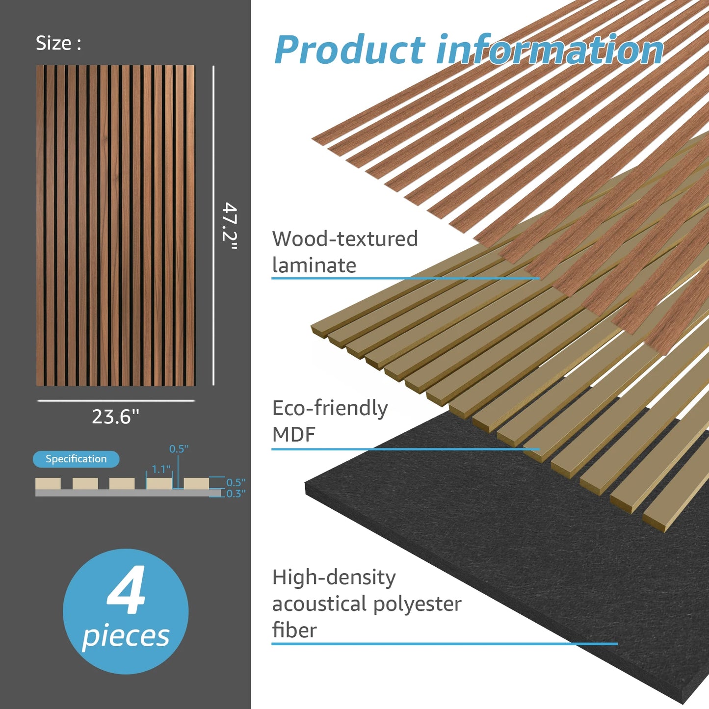 Wood Slat Sound Absorbing Decorative Panels, 23.6" x 47.2", 4pcs