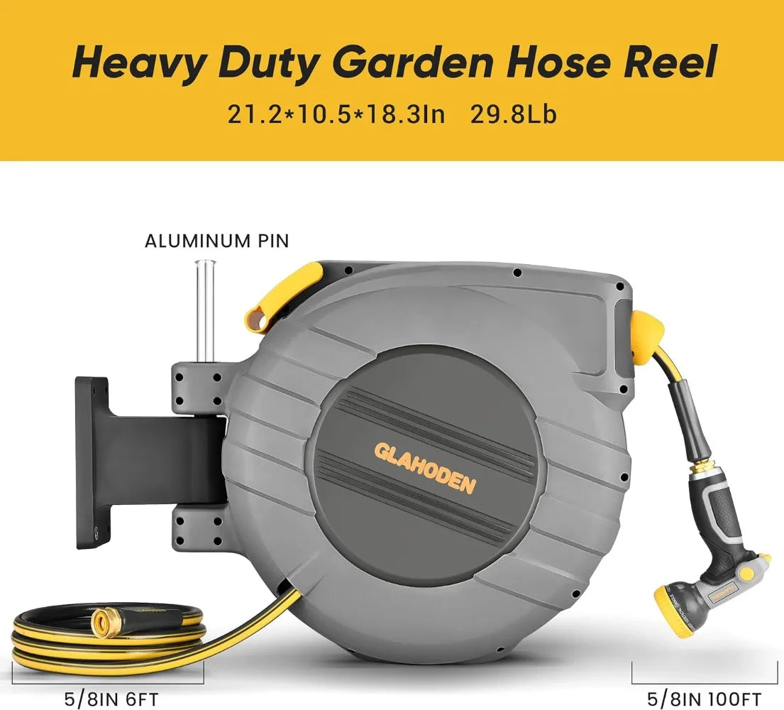 Retractable Garden Hose Reel, 5/8" x 100' Upgraded UV Resistant Hose, Wall Mount Base with 180° Swivel