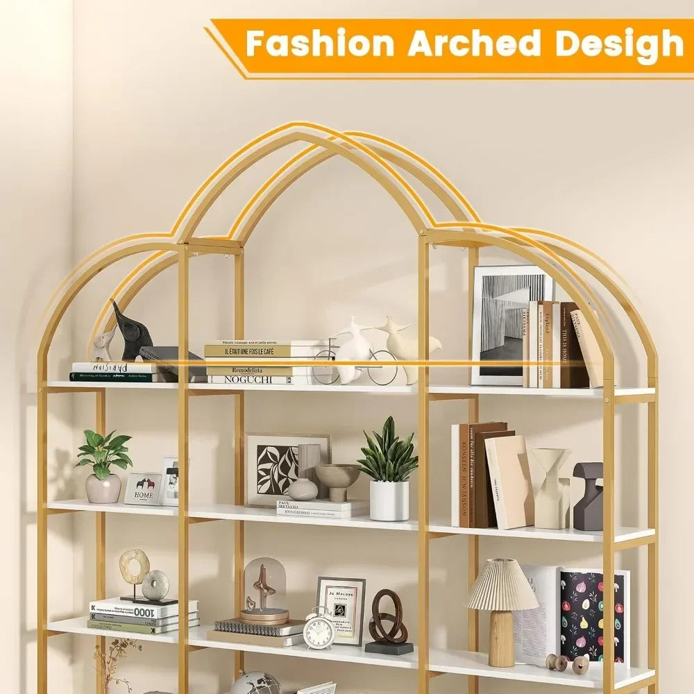 Arched Triple Wide 4-Tier Large Open Bookshelf with 3 Door Enclosed Cabinets, Crafted from Heavy Duty Black or Gold Finished Steel