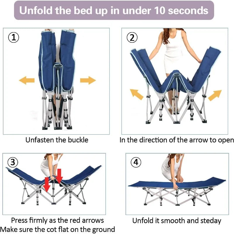Heavy Duty Steel Frame Camping Cots with Pad, Removable Cushion, Side Storage Pockets & Carry Bag, Foldable & Portable Design, 2 Pack