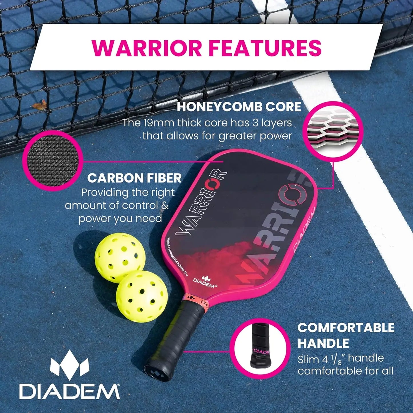 Pickleball Paddle with Honeycomb 3 Layer Core, Carbon Fiber Face, 16.4" Overall Length