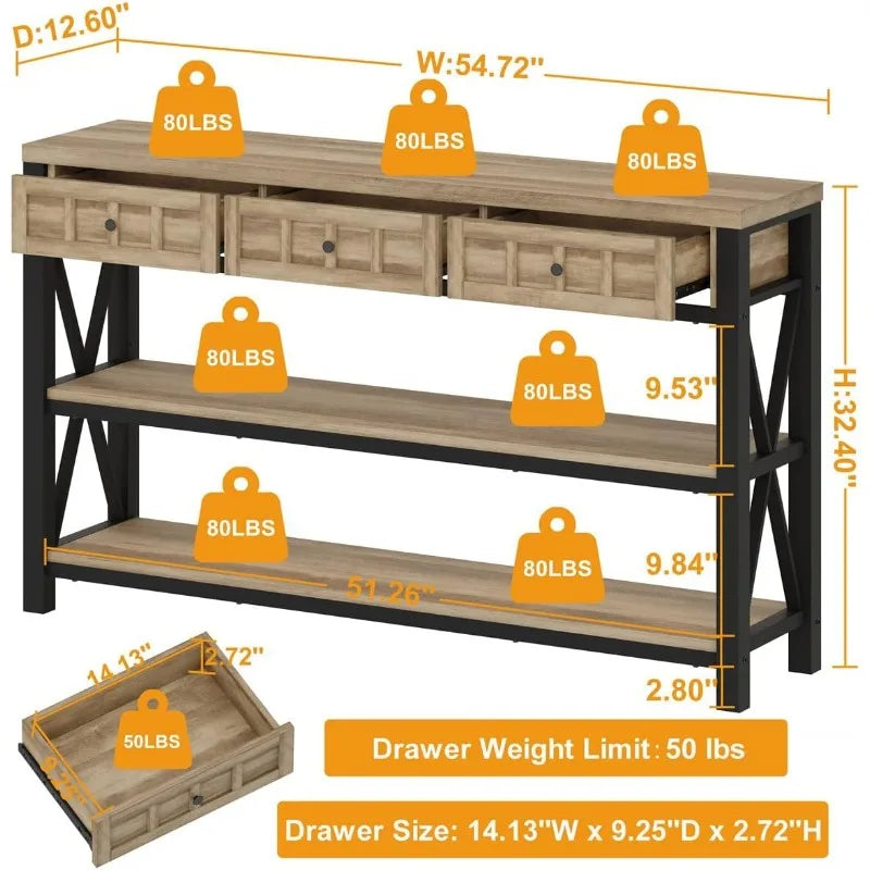 Rustic 3-Tier Sofa Table with 3 Drawers, Hallway Entry Table with Natural Wood Grain & Industrial Metal Frame