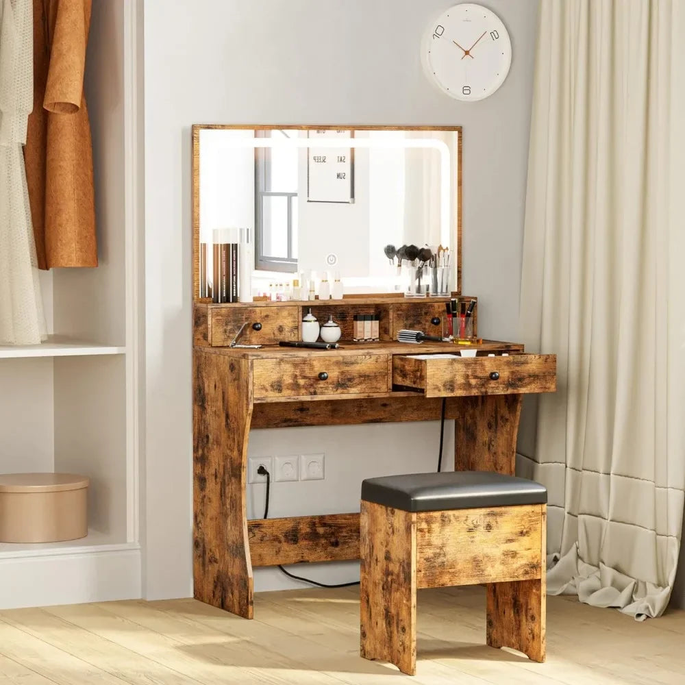 Makeup Table with Mirror Light & Storage Bench, Vintage Brown