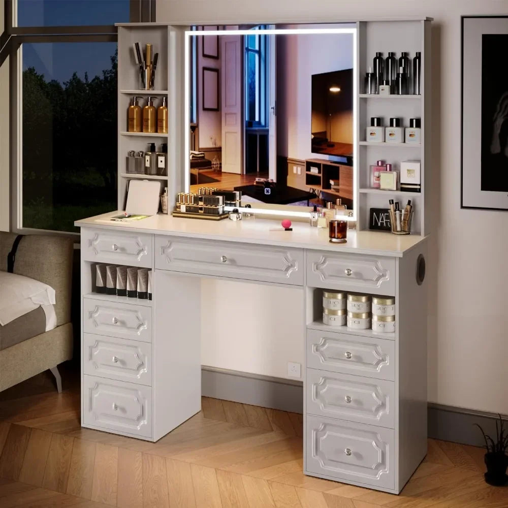 European Style Makeup Desk with Lighted Mirror & 9 Drawers, Wireless Charging, Mask Heating/Cooling Box, Bluetooth Speakers