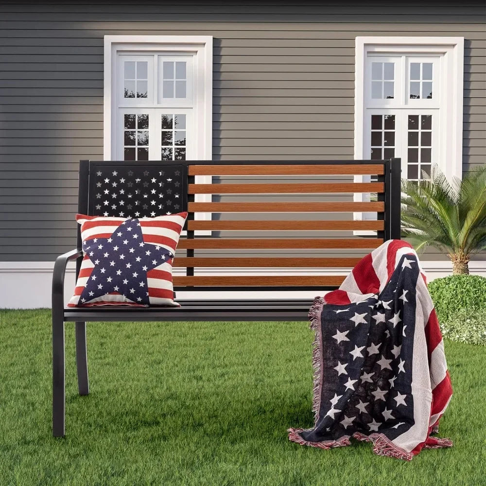 Cast Iron Frame 3 Seat Patio Bench with Stars-and-Stripes Pattern Backrest & Weatherproof Seat