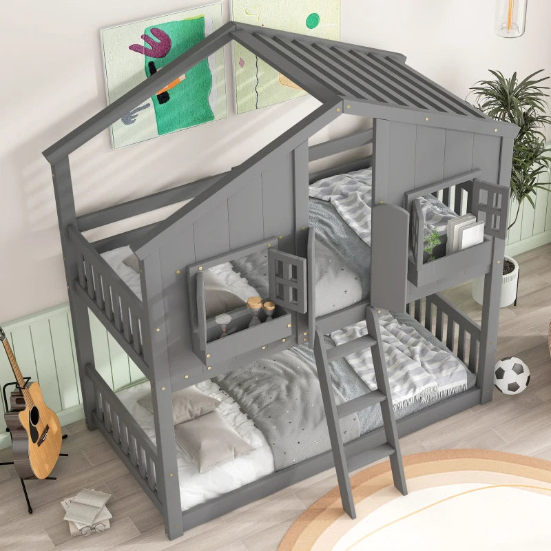 House Bunk Bed Twin over Twin with Roof, Windows, Window Boxes, Door, Ladder & Safety Guardrails